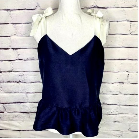 J. Crew Tops - J. Crew Women's Navy & Cream 100% Silk Bow Tie V-Neck Sleeveless Peplum Top 4